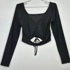 21 Saints Ruched Crop Top Black Women's S/M Long Sleeve Cutout‎